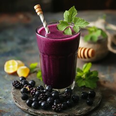 Rustic black currant smoothie with honey and milk.