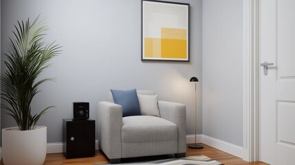 Minimalist corner with boucle armchair, elegant decor, and soft lighting inviting relaxation and tranquility in a modern space