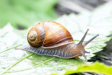 Brown garden snail slowly crawling on a fresh green leaf in bright natural light