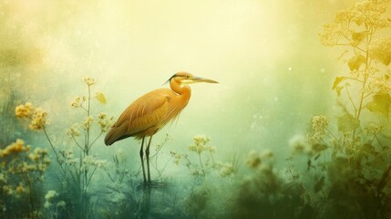 Squacco Heron: Green-yellow nature backdrop.