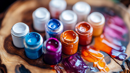 Colorful paints on a wooden board