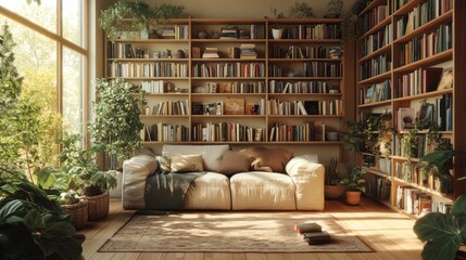 Sunny library room, sofa, bookshelves, plants, home decor, reading