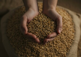Man cupping golden grains, farming abundance and harvest celebration, promoting agricultural richness, emphasizing natural food source, ideal for farming industry materials.