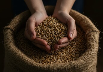 Woman holding handful of oat grains from burlap sack. Farming concept for sustainable agriculture, cereal harvest season, healthy food and organic product promotion.