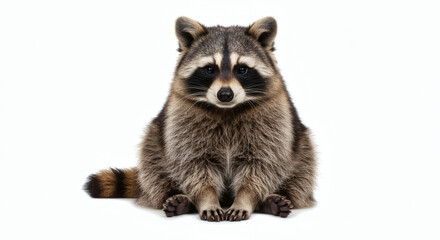 Obraz premium A raccoon sitting calmly with front paws resting in front, showing its signature facial mask and striped tail. The image is evenly lit, fully in focus, and isolated on a white background.