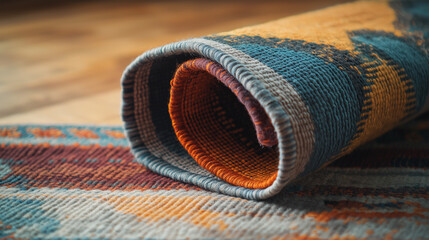 Close up of a rolled-up patterned rug.