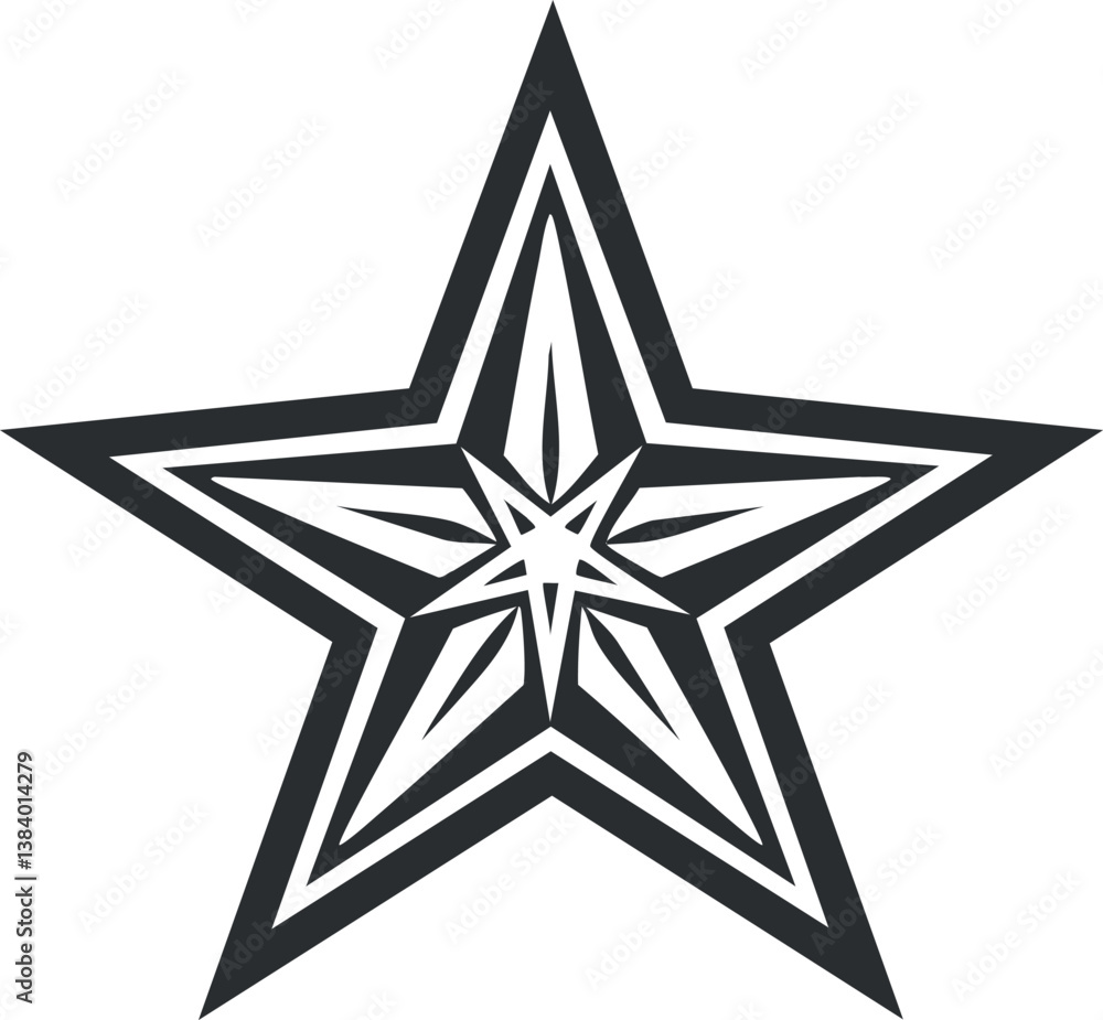 Poster black and white geometric star with intricate symmetrical pattern and bold design elements.