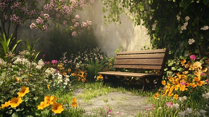 Rustic Garden Scene with a Wooden Bench and Blooming Flowers