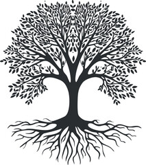 Black and white tree silhouette with intricate branches and roots, symbolizing growth and nature.