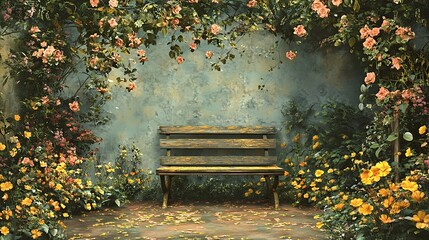 Rustic Garden Scene with a Wooden Bench and Blooming Flowers