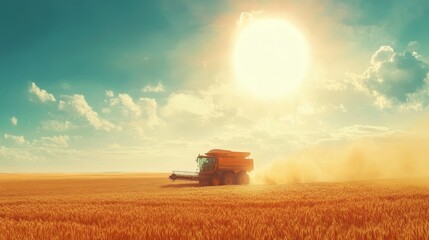 Fototapeta premium Wheat harvest: sun, combine, full trailer.