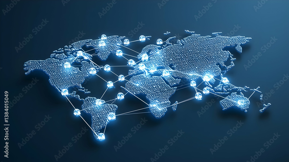 Poster global network map with glowing connections