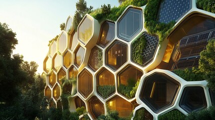 Striking honeycomb inspired facade with modular hexagonal patterns transparent solar panel surfaces bio integrated green walls and a futuristic yet nature driven architectural aesthetic