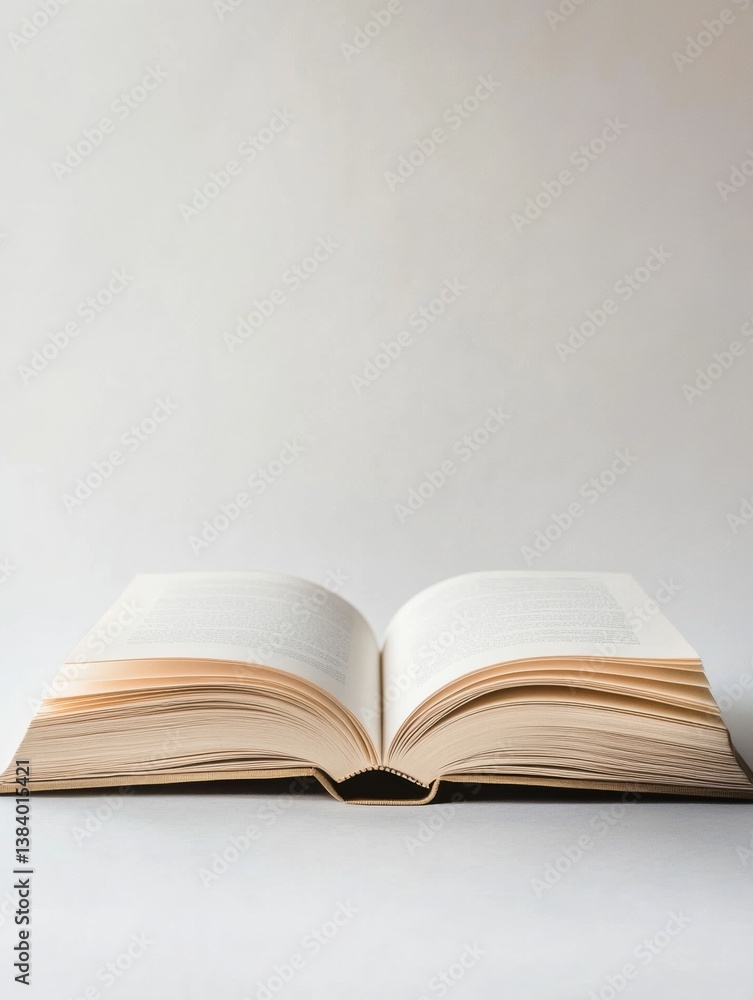 Poster Minimalist open book with blank pages set in soft neutral lighting on a clean surface, emphasizing simplicity and elegance