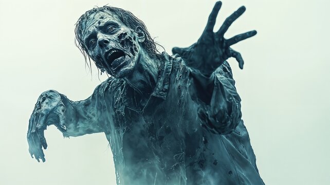 Un zombi con aspecto demacrado se acerca con los brazos extendidos contra un fondo verde p&aacute;lido.