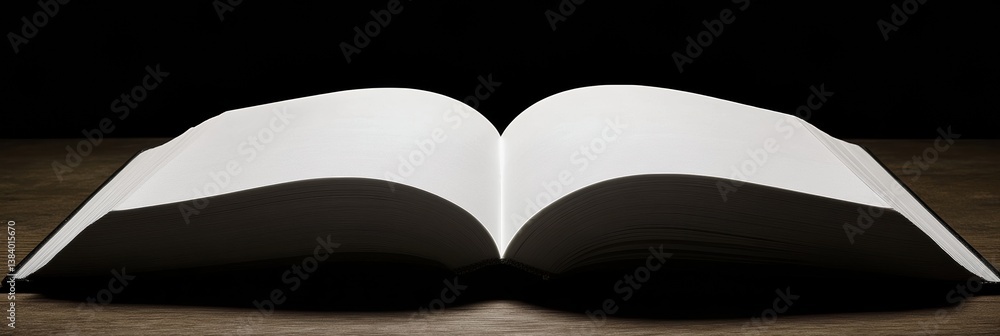 Poster minimalist open book with blank pages in soft neutral lighting on wooden table
