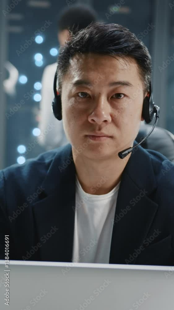 Wall mural portrait asian it developer administrator wearing headset speaker using laptop computer at server ra