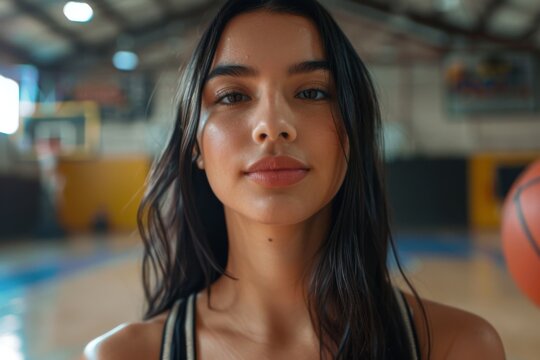 Portrait of a young Hispanic woman in indoor basketball court