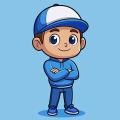 A confident young boy in blue, arms crossed, wearing a baseball cap, a symbol of youthful determination and quiet strength against a light blue background.