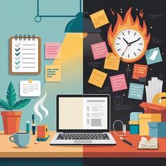 Split Flat Illustration of a Work Desk Showing Calm and Chaos  