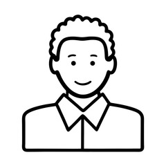 A friendly young man with a warm smile and curly hair, depicted in a simple bold line art style.