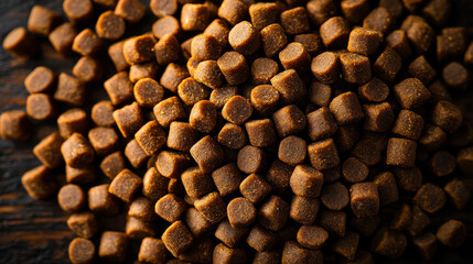 Dry Kibble Animal Food Close-Up on Dark Wooden Background - Pet Nutrition, High Quality Dog and Cat Food, Brown Pellet Texture, Healthy Diet Concept