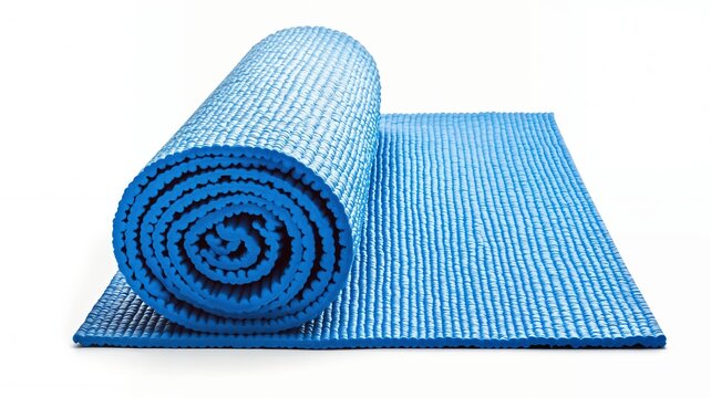 Una esterilla de yoga azul est&aacute; enrollada y colocada sobre una superficie plana.
