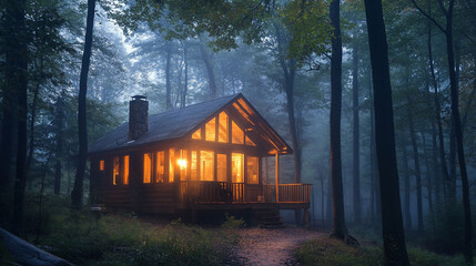 Cozy cabin in misty forest