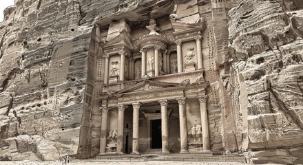 Detailed Black and White Sketch of Petra's Al-Khazneh
