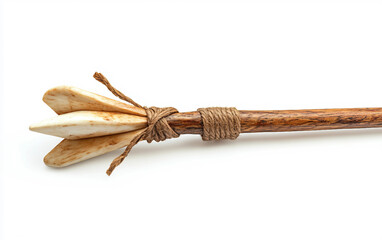 Authentic Wooden and Bone Fishing Spear for Ancient Fishing Techniques Isolated On White Background.