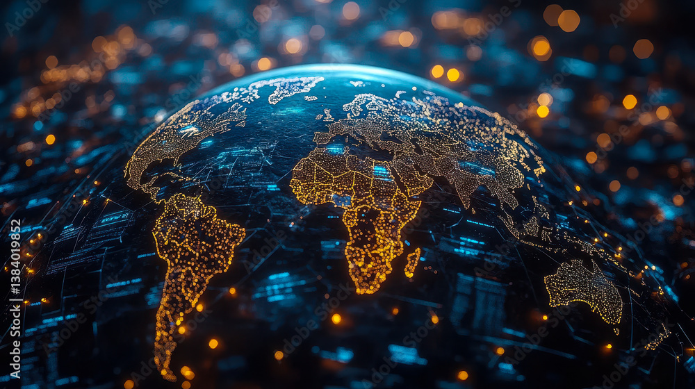 Poster global collaboration network: nighttime view of digital world map representing international documen