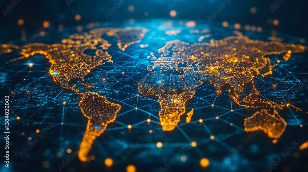 Poster global document collaboration network, digital world map with ai-driven connectivity and advanced ma