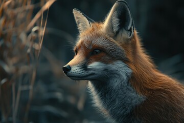 The image showcases a red fox sitting on fallen leaves with its nose to the ground, seemingly sniffing or tasting something. The focus is softly blurred in the background, emphasizing the sharpness