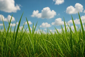 Lush green grass sways gently under a bright blue sky adorned with fluffy white clouds, capturing a serene and tranquil nature scene.