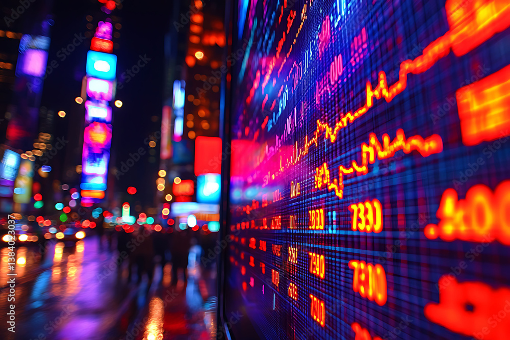 Poster vibrant nighttime cityscape blurred in the background, sharply focusing on a dynamic stock ticker di