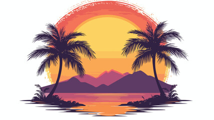 Obraz premium Retro tropical sunset with palm tree vector illustration isolated on white background