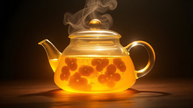 "Ginger tea glows with topaz-like rhizomes in glass pot. Golden particles swirl in currents while the handle diffuses light into a brewing halo."