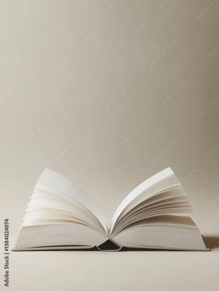 Poster minimalist open book showcasing blank pages in soft neutral lighting for serene reading experience
