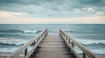 Fototapeta premium Wooden pier leading to ocean with seagulls flying above waves on a cloudy day. Peaceful coastal scene. Serene seascape. Natural beauty. Coastal tranquility.