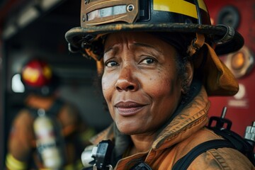 Portrait of a middle aged african american female firefighter in full gear at station
