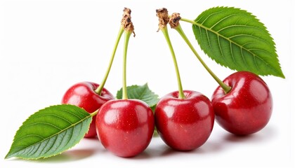 Fresh red cherries with green leaves, close-up view on white background, symbolizing summer fruits and healthy eating