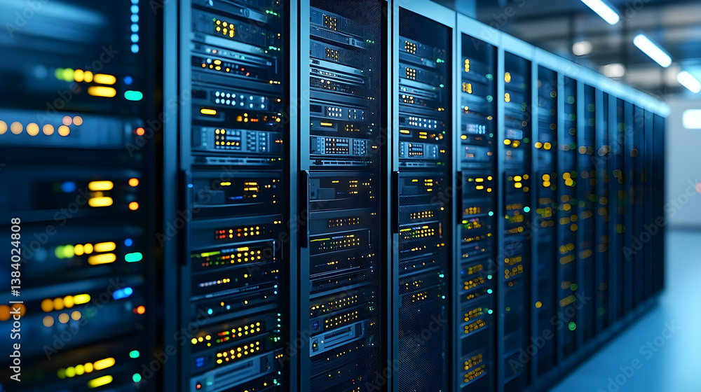 Poster modern data center server racks with glowing lights