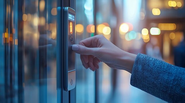 Hand using digital access control system on glass door