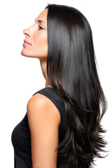Naklejka premium Profile of woman with long shiny black hair and natural makeup isolated on white