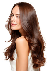 Naklejka premium Smiling young woman with long wavy chestnut brown hair isolated on white