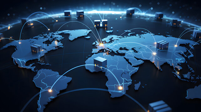 A dynamic 3D-rendered global logistics network map with glowing blue connection lines linking warehouses across continents.