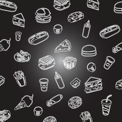 fast food pattern, Tasty Fast Food Icons in a Bold and white black Pattern

