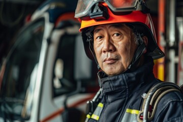 Portrait of a middle aged Asian male firefighter in full gear at station