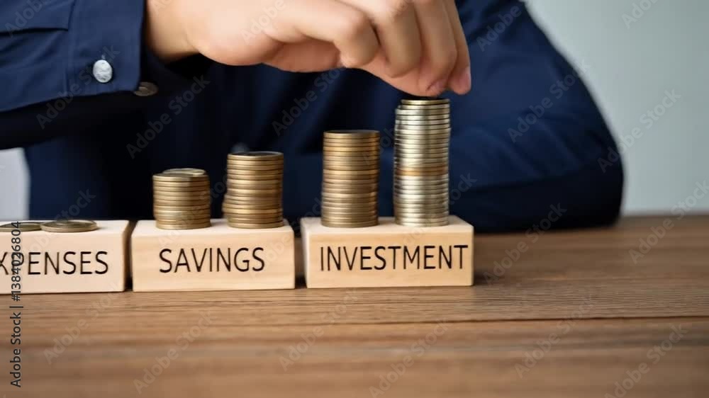 Poster person placing coin on expenses block with savings and investment blocks on wooden surface view