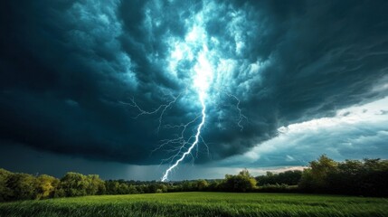 Lightning strikes through dramatic sky over green field